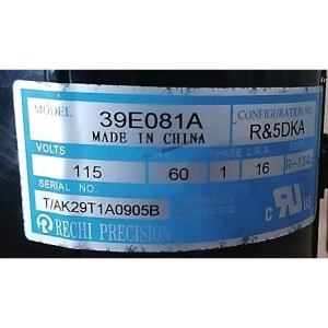 RECHI Compresor rotativo velocidad fija 3.255Btu/hr 955W 115V/60Hz/1Ph Compatible con R134a, LRA16 201402000400, 11103010001242 
