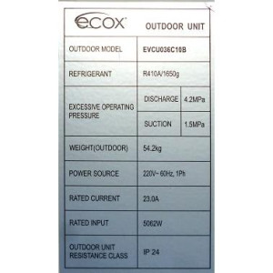 Unidad Cond. Descarga Vertical 36.000btu R410 230v/60hz/3ph Ecox Evcu036c10C Unidad Cond. Descarga Vertical 36.000btu R410 230v/60hz/3ph Ecox Evcu036c10C