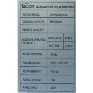 Ceiling/Floor 36.000btu R410 230v/60hz/1ph Ecox Inverter EIHPTC036CXXB (Only With Eihcu036cxxb) Ceiling/Floor 36.000btu R410 230v/60hz/1ph Ecox Inverter EIHPTC036CXXB (Only With Eihcu036cxxb)