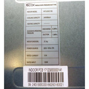 Fan Coil Desnudo 24.000btu 230v/60hz/1ph R410 Ecox Nfcu024c10b / Efcu024c10b