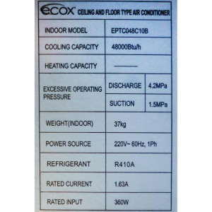 Consola Piso-Techo 48.000btu R22/R410 230v/60hz/1ph Ecox EPTC048C10B Consola Piso-Techo 48.000btu R22/R410 230v/60hz/1ph Ecox EPTC048C10B